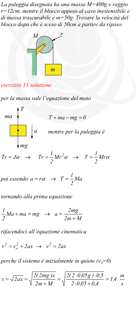 velocit di una massa appesa ad una puleggia mediante un cavo