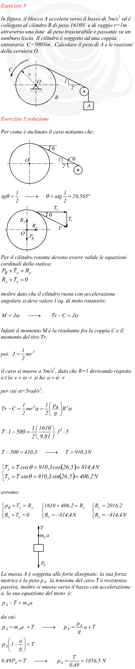 calcolo di una massa in discesa in un sistema cilindro e puleggia