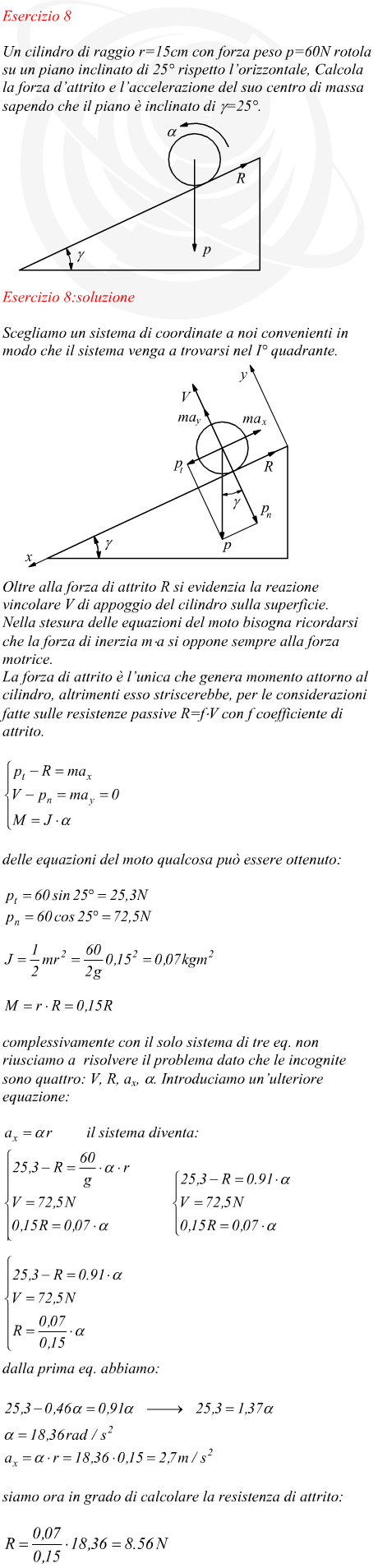 cilindro in discesa su piano inclinato - accelerazione e attrito