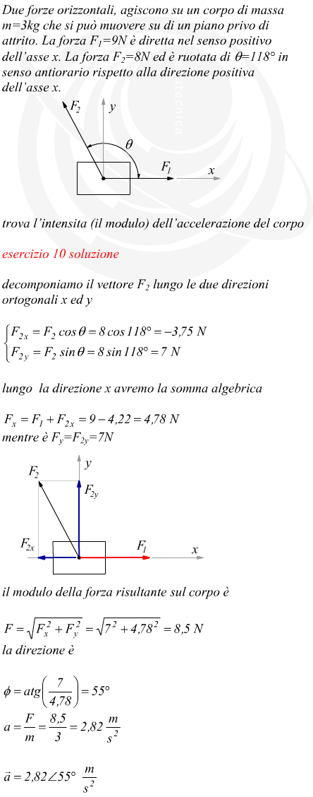 accelerazione di un corpo soggetto a due forze orizzontali