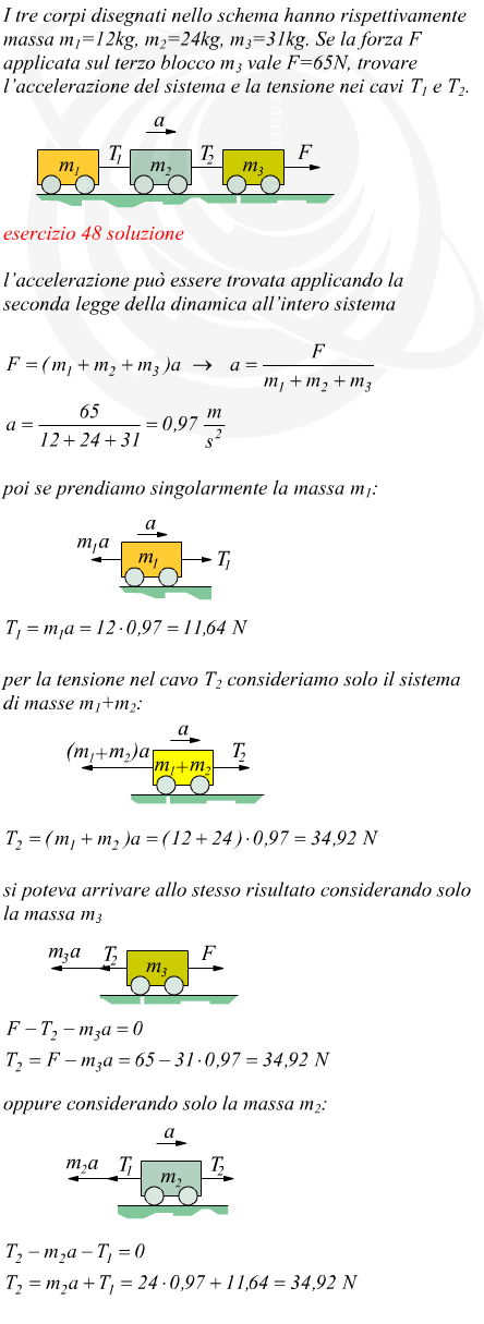 Tensione nei cavi di collegamento tra tre corpi di massa nota accelerati su un piano privo di attrito