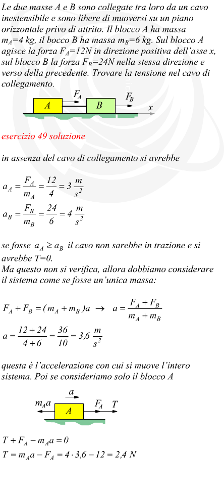 Tensione nel cavo di collegamento tra due corpi di massa nota soggetti a forze diverse