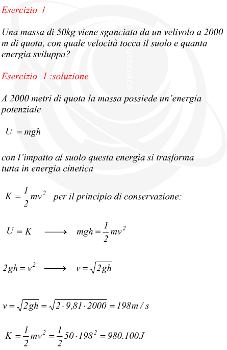 Velocit ed energia cinetica di una massa che cade per gravit