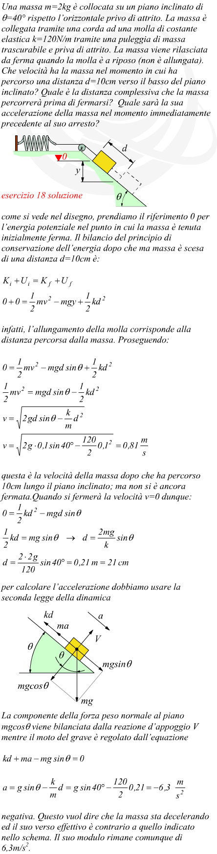 velocit di una massa in discesa su un piano inclinato trattenuta da una molla