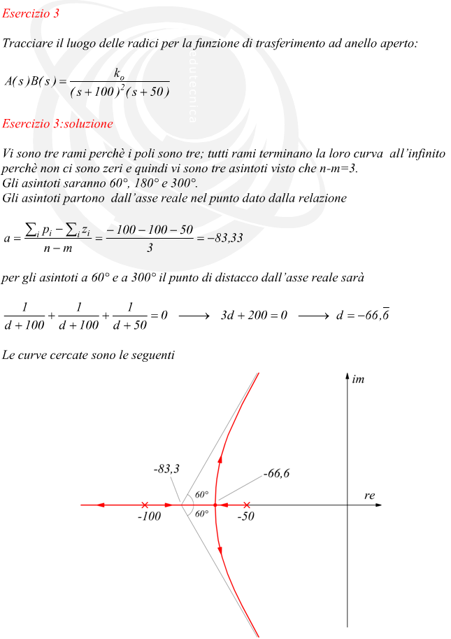 Vi sono tre rami perchè i poli sono tre; tutti rami terminano la loro curva  all’infinito perchè non ci sono zeri e quindi vi sono tre asintoti visto che n-m=3. Gli asintoti saranno 60°, 180° e 300°. Gli asintoti partono  dall’asse reale nel punto dato dalla relazione per gli asintoti a 60° e a 300° il punto di distacco dall’asse reale sarà Le curve cercate sono le seguenti