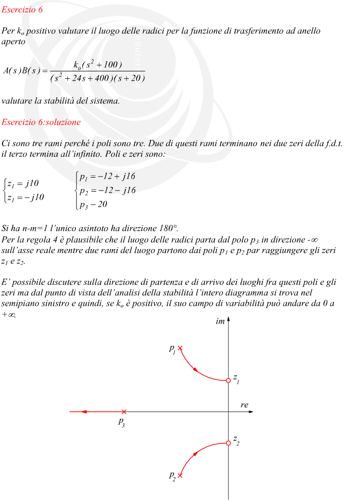 Ci sono tre rami perché i poli sono tre. Due di questi rami terminano nei due zeri della f.d.t. il terzo termina all’infinito. Poli e zeri sono: Si ha n-m=1 l’unico asintoto ha direzione 180°. Per la regola 4 è plausibile che il luogo delle radici parta dal polo p3 in direzione -? sull’asse reale mentre due rami del luogo partono dai poli p1 e p2 par raggiungere gli zeri z1 e z2. E’ possibile discutere sulla direzione di partenza e di arrivo dei luoghi fra questi poli e gli zeri ma dal punto di vista dell’analisi della stabilità l’intero diagramma si trova nel semipiano sinistro e quindi, se ko è positivo, il suo campo di variabilità può andare da 0 a 