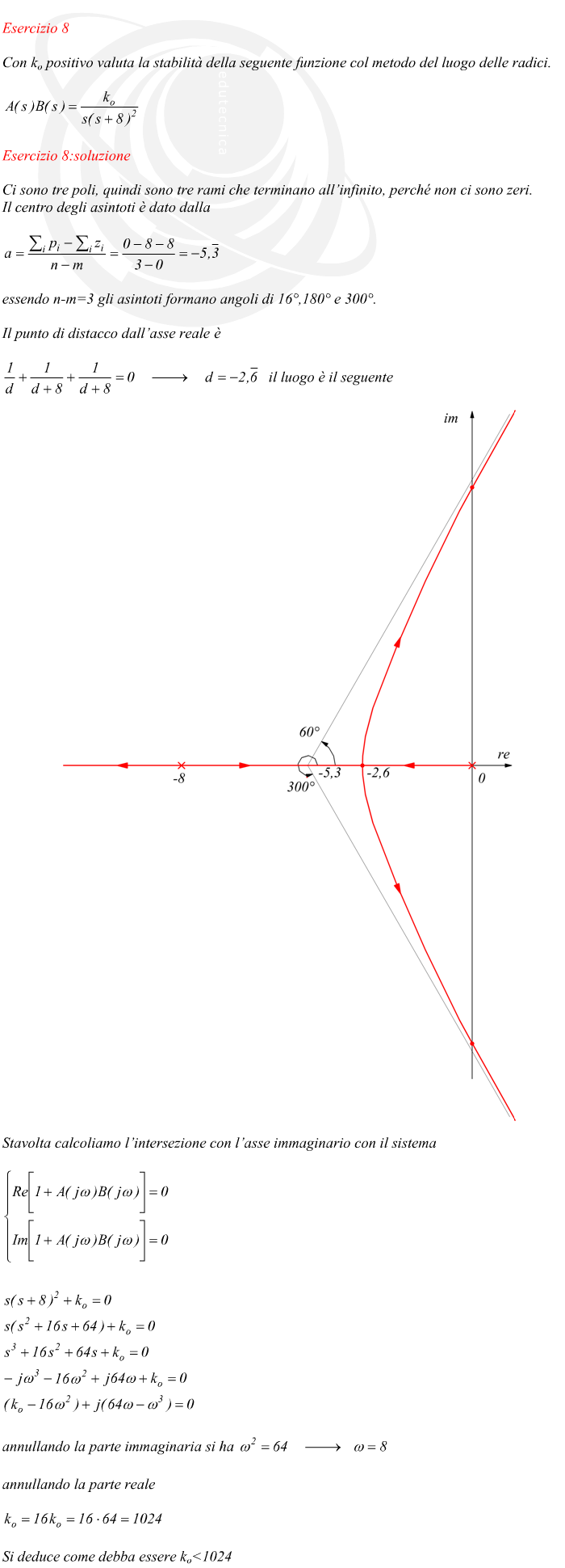 Ci sono tre poli, quindi sono tre rami che terminano all’infinito, perché non ci sono zeri. Il centro degli asintoti è dato dalla essendo n-m=3 gli asintoti formano angoli di 16°,180° e 300°. Il punto di distacco dall’asse reale è Il luogo è il seguente