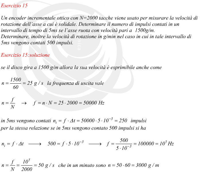 se il disco gira a 1500 g/m allora la sua velocità è esprimibile anche come la frequenza di uscita vale in 5ms vengono contati impulsi per la stessa relazione se in 5ms vengono contato 500 impulsi si ha che in un minuto sono  