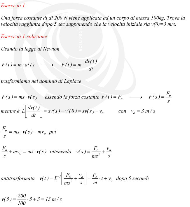 Usando la legge di Newton trasformiamo nel dominio di Laplace essendo la forza costante mentre è con poi ottenendo antitrasformata dopo 5 secondi