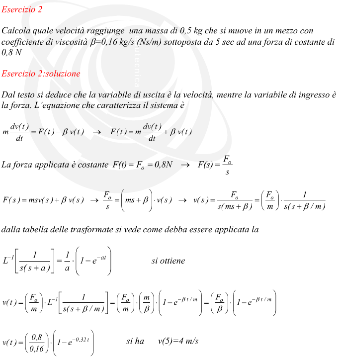 Dal testo si deduce che la variabile di uscita è la velocità, mentre la variabile di ingresso è la forza. L’equazione che caratterizza il sistema è La forza applicata è costante dalla tabella delle trasformate si vede come debba essere applicata la si ottiene si ha