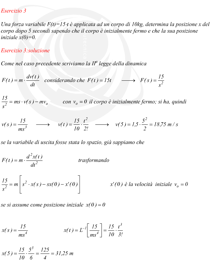 Come nel caso precedente scriviamo la IIa legge della dinamica considerando che con il corpo è inizialmente fermo; si ha, quindi se la variabile di uscita fosse stata lo spazio, già sappiamo che trasformando è la velocità  iniziale  se si assume come posizione iniziale 