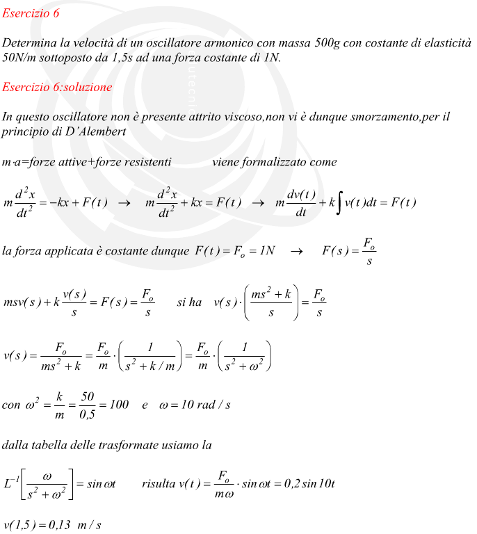 In questo oscillatore non è presente attrito viscoso,non vi è dunque smorzamento,per il principio di D’Alembert m x a=forze attive+forze resistenti viene formalizzato come la forza applicata è costante dunque si ha con e dalla tabella delle trasformate usiamo la risulta