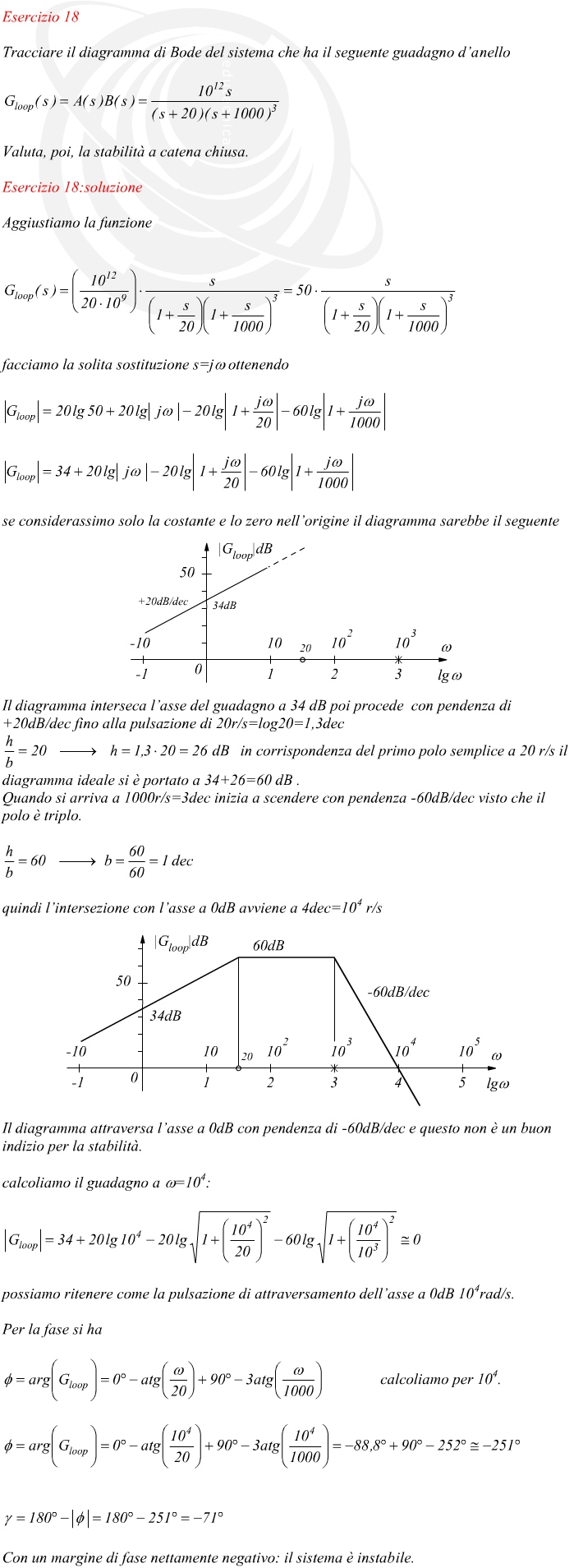 Aggiustiamo la funzione facciamo la solita sostituzione s=jw ottenendo se considerassimo solo la costante e lo zero nell’origine il diagramma sarebbe il seguente ma con l’aumentare della pulsazione avvengono le seguenti variazioni Il diagramma attraversa l’asse a 0dB con pendenza di -60dB/dec e questo non è un buon indizio per la stabilità. calcoliamo il guadagno a w=104: possiamo ritenere come la pulsazione di attraversamento dell’asse a 0dB 104rad/s. Per la fase si ha calcoliamo per 104. Con un margine di fase nettamente negativo: il sistema è instabile. 