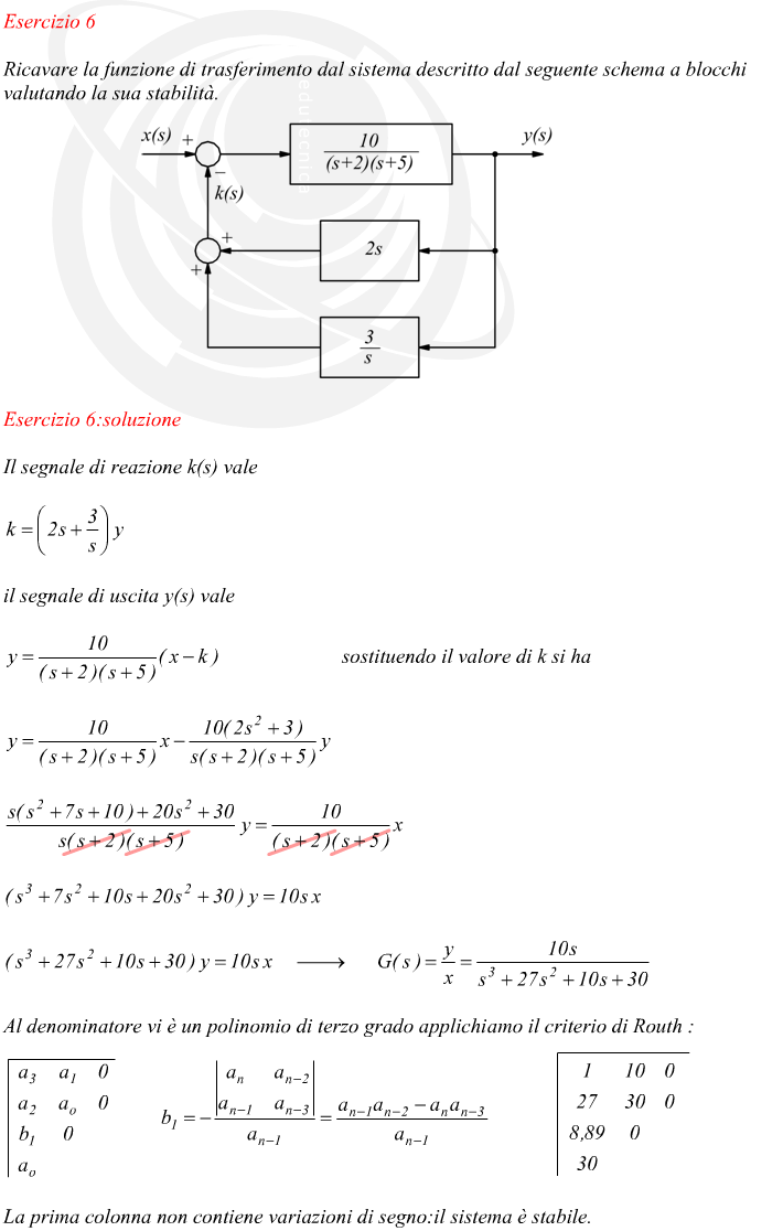 Il segnale di reazione k(s) vale il segnale di uscita y(s) vale sostituendo il valore di k si ha Al denominatore vi è un polinomio di terzo grado applichiamo il criterio di Routh : La prima colonna non contiene variazioni di segno:il sistema è stabile.
