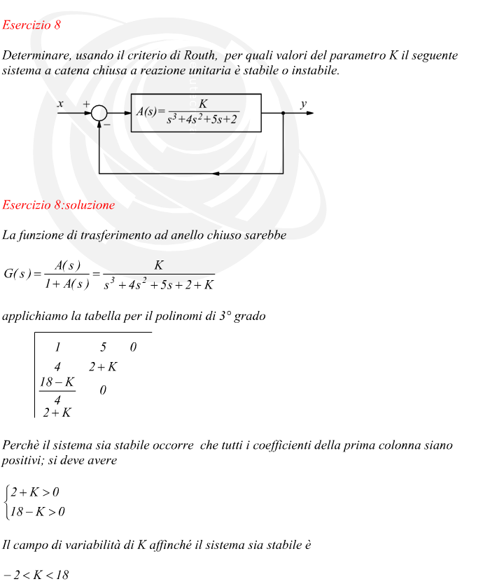 La funzione di trasferimento ad anello chiuso sarebbe applichiamo la tabella per il polinomi di 3° grado Perchè il sistema sia stabile occorre  che tutti i coefficienti della prima colonna siano positivi; si deve avere Il campo di variabilità di K affinché il sistema sia stabile è